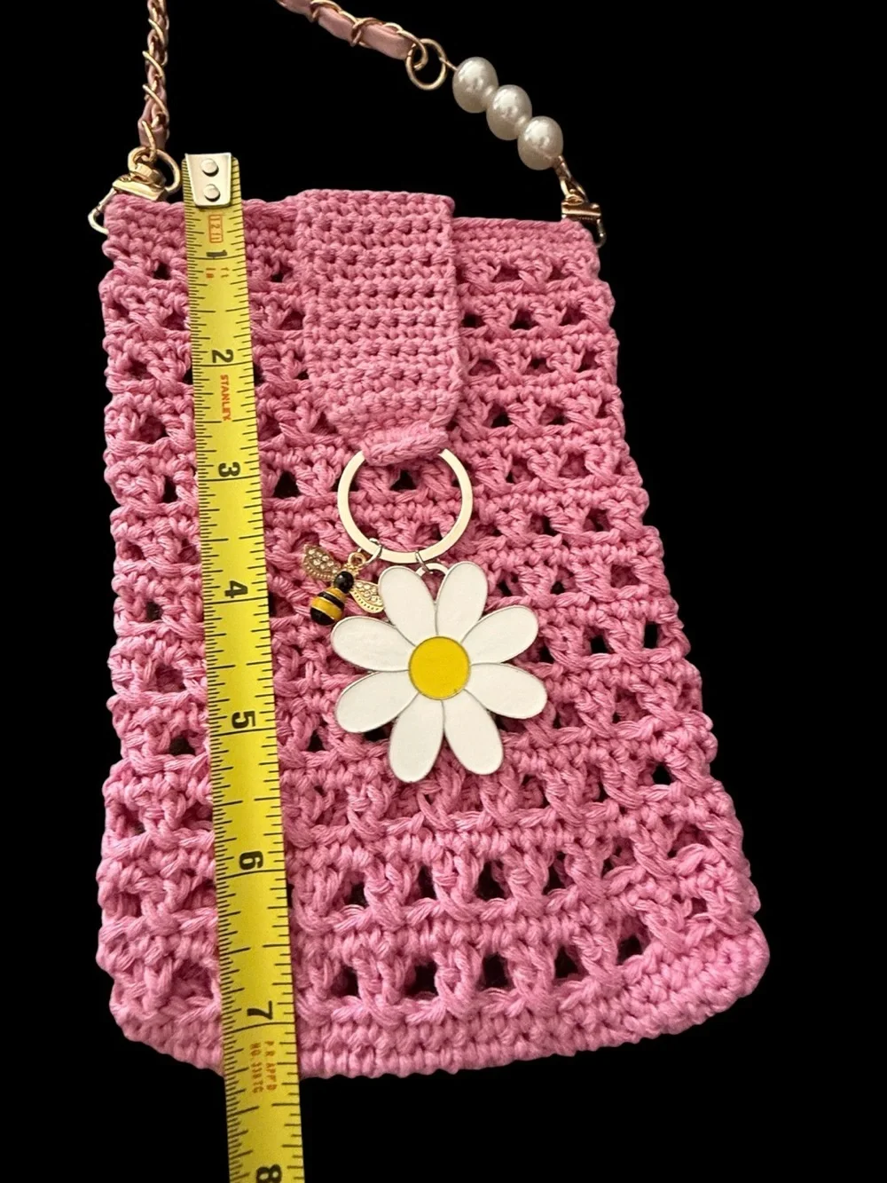 Pink Crochet Crossbody Phone Bag with Daisy Charm for Cell Phones